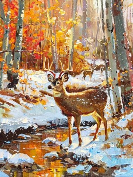 Landscapes Painting - Original Elk Painting by stream art decor winter forest